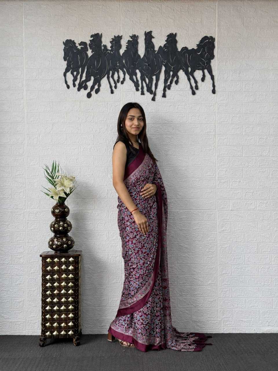 Japan Sartin Printed Saree in Rani