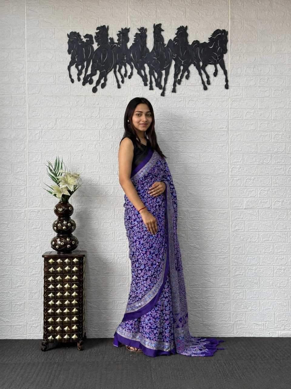 Japan Sartin Printed Saree in Rani