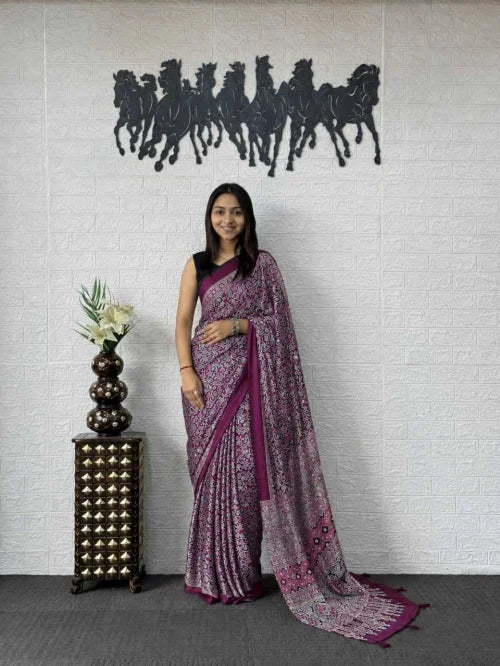 Japan Sartin Printed Saree in Rani