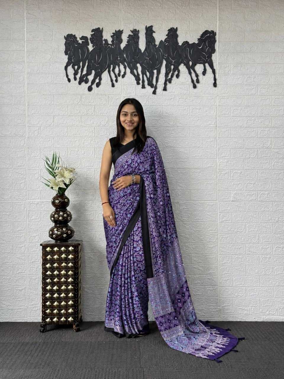 Japan Sartin Printed Saree in Rani