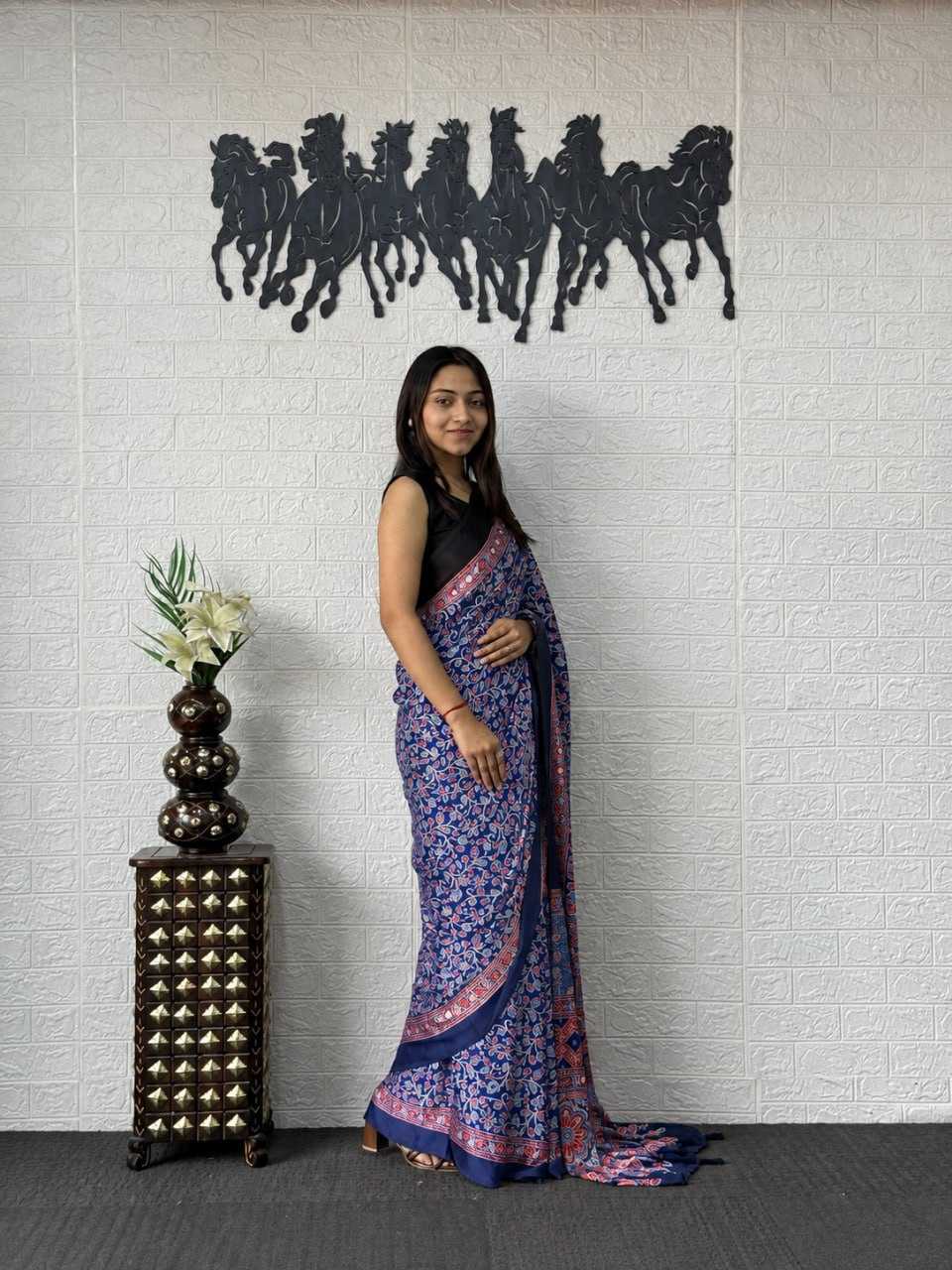 Japan Sartin Printed Saree in Rani