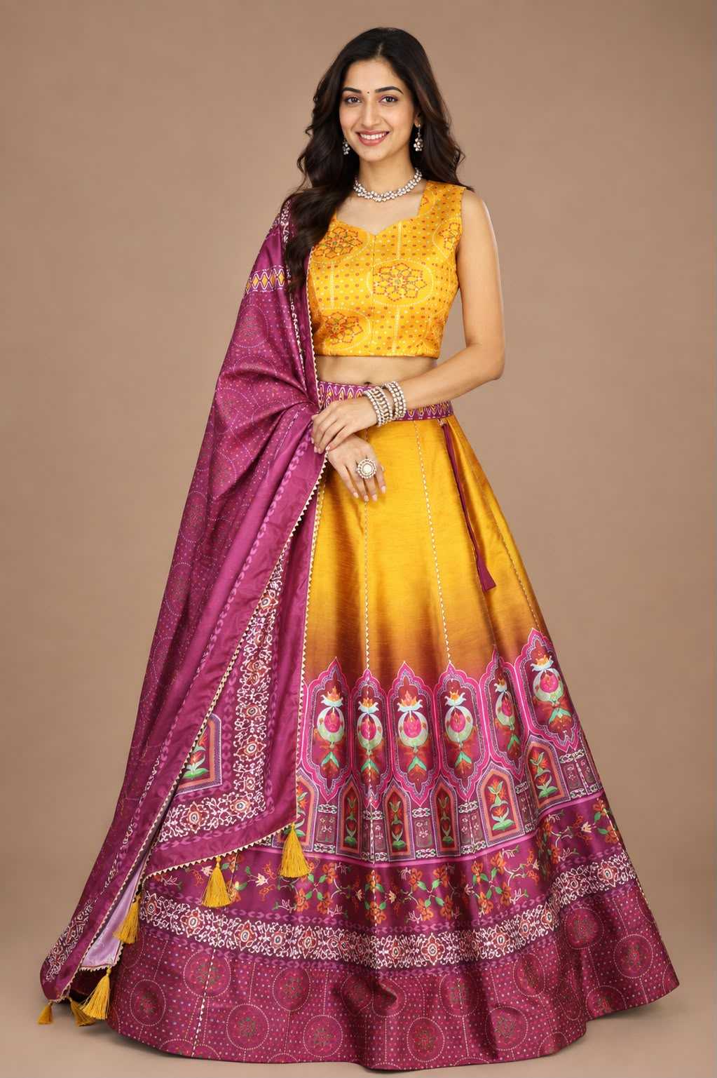 Art Silk Traditional Lehenga in Rani