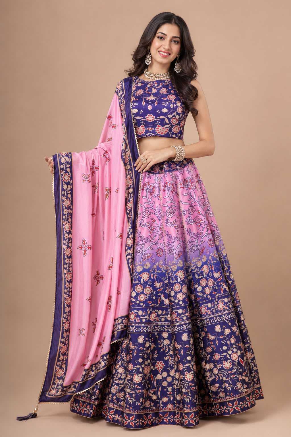 Art Silk Traditional Lehenga in Rani