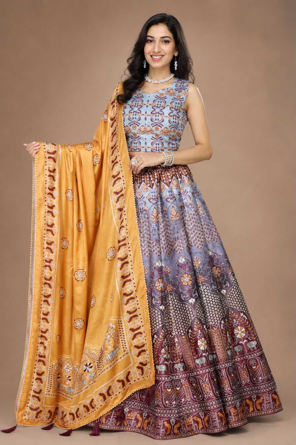 Art Silk Traditional Lehenga in Rani