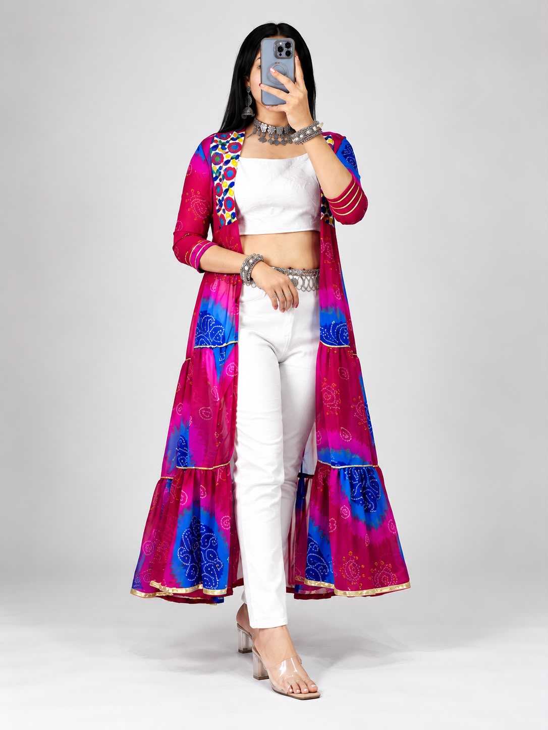 Faux Georgette Printed Suit in Rani