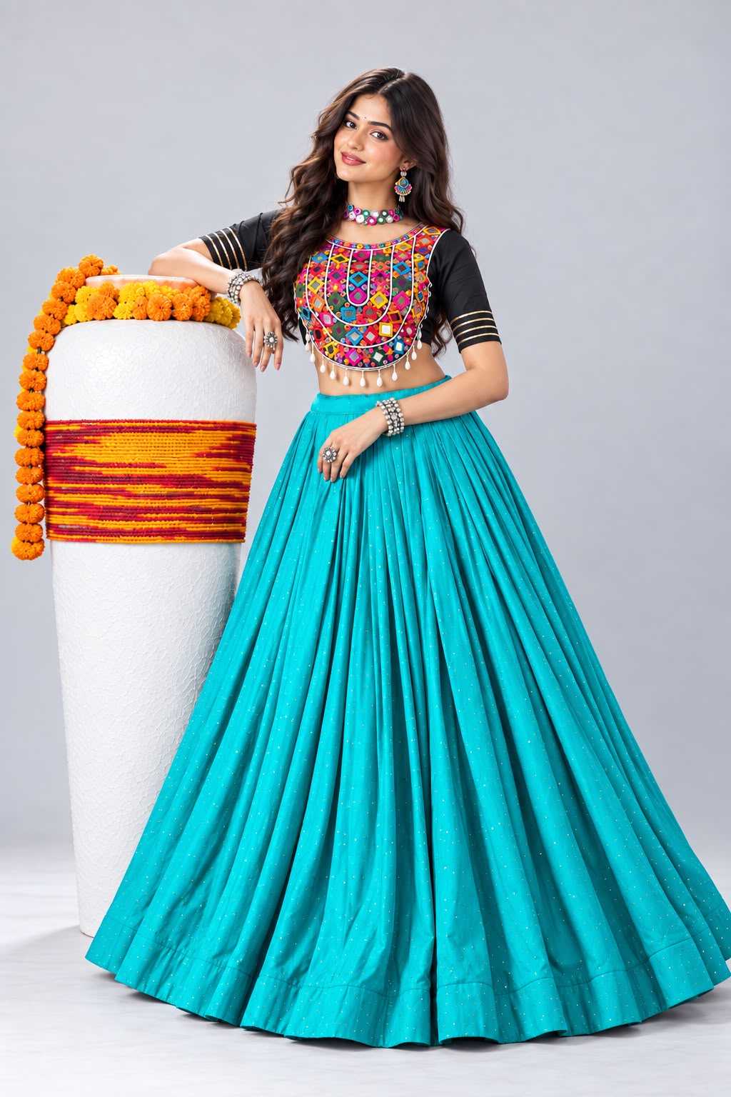 Cotton Traditional Lehenga in Sky