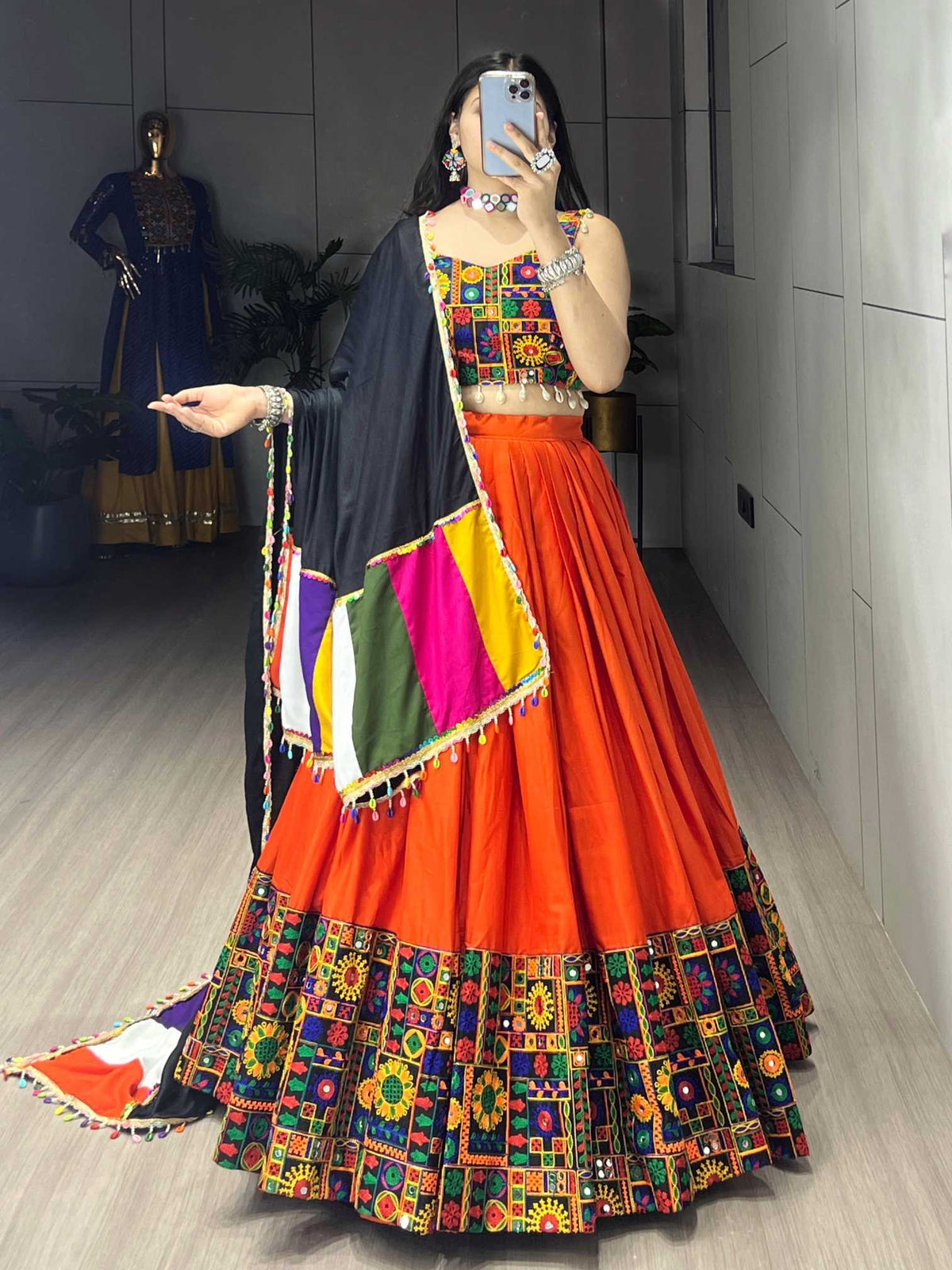Cotton Mirror Work Lehenga in Dark Green