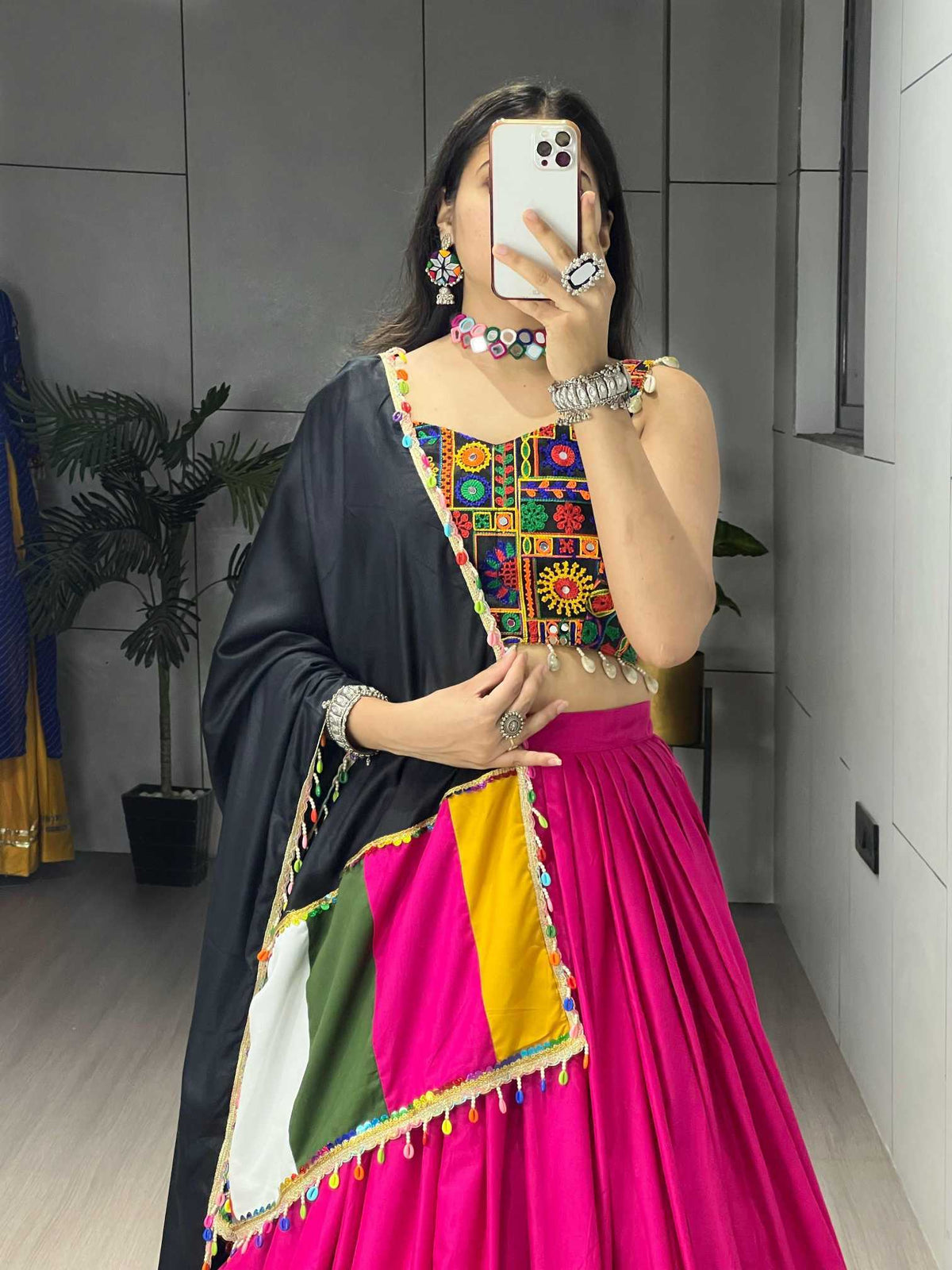 Cotton Mirror Work Lehenga in Dark Green