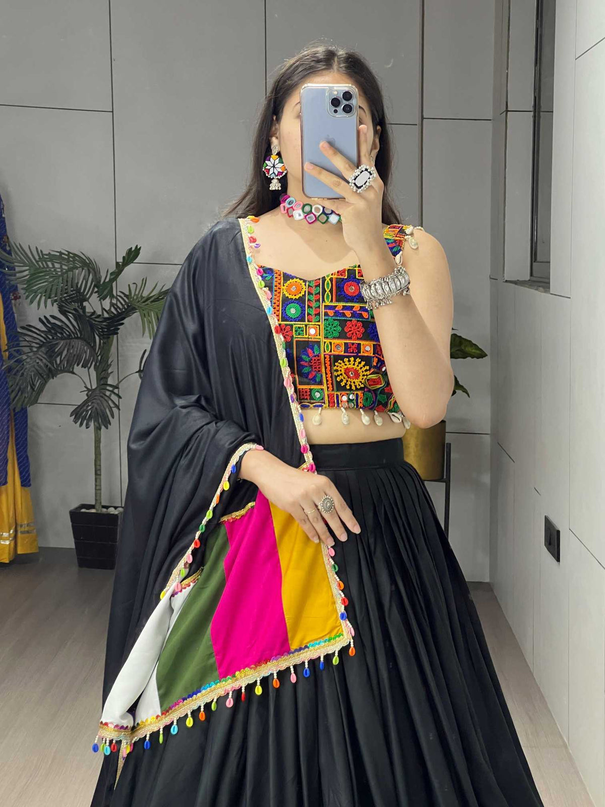 Cotton Mirror Work Lehenga in Dark Green