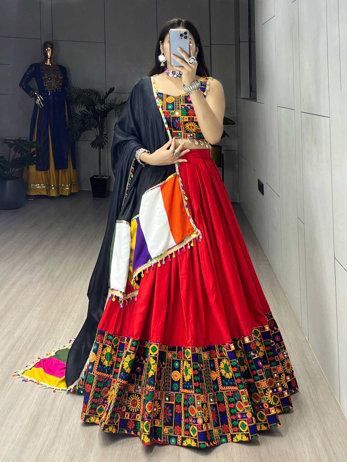 Cotton Mirror Work Lehenga in Dark Green