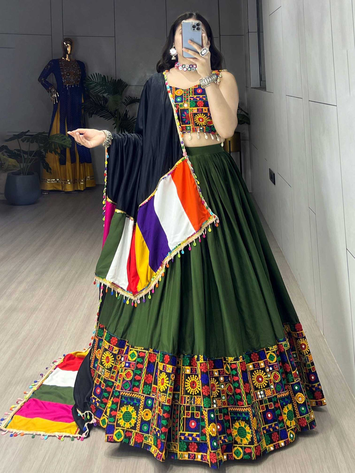 Cotton Mirror Work Lehenga in Dark Green