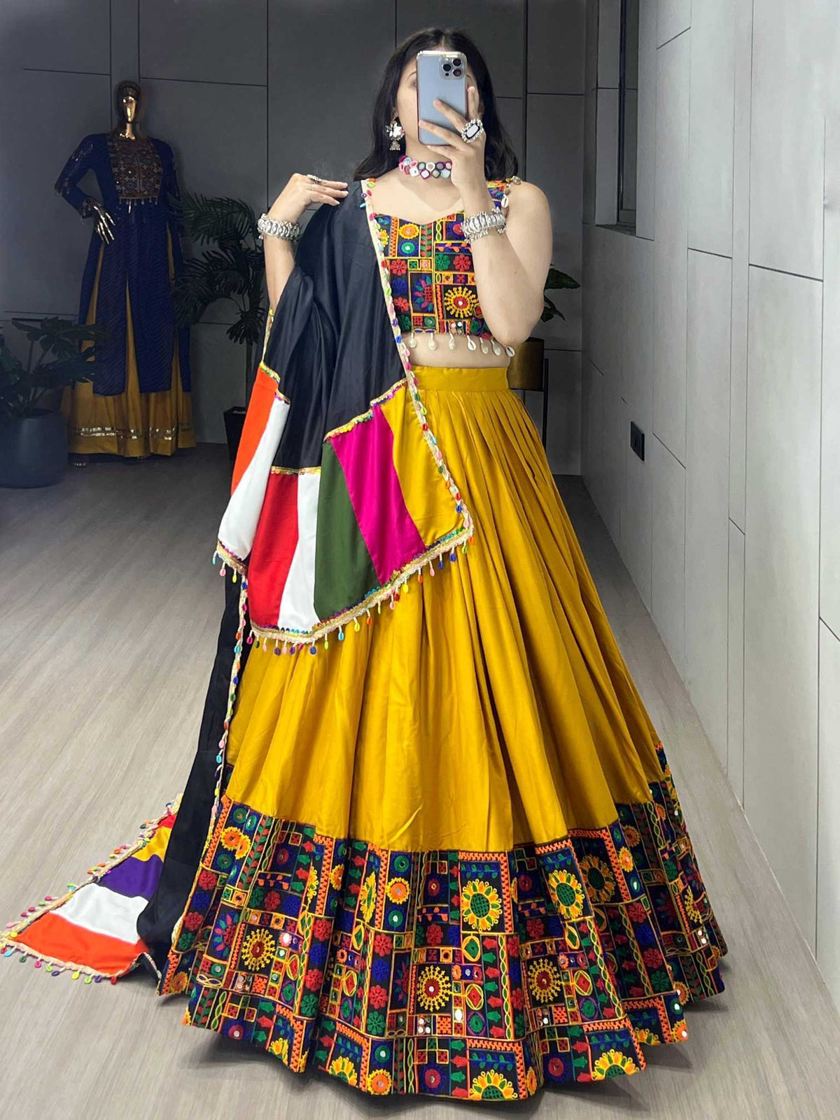 Cotton Mirror Work Lehenga in Dark Green