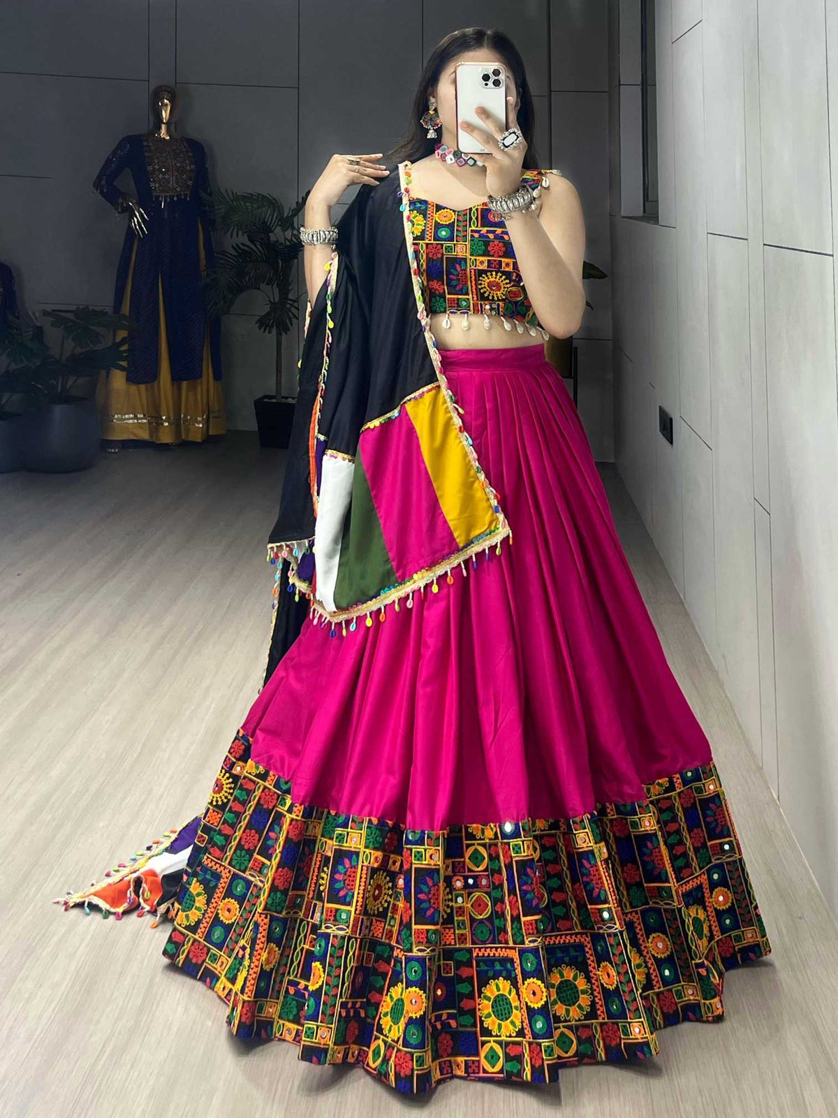 Cotton Mirror Work Lehenga in Dark Green