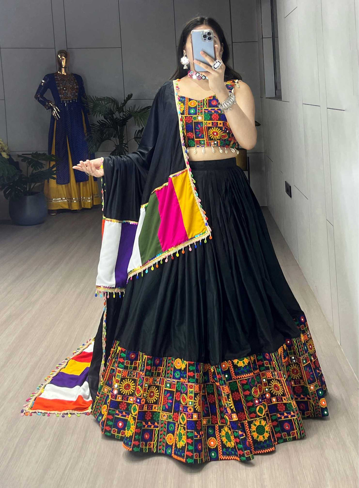 Cotton Mirror Work Lehenga in Dark Green