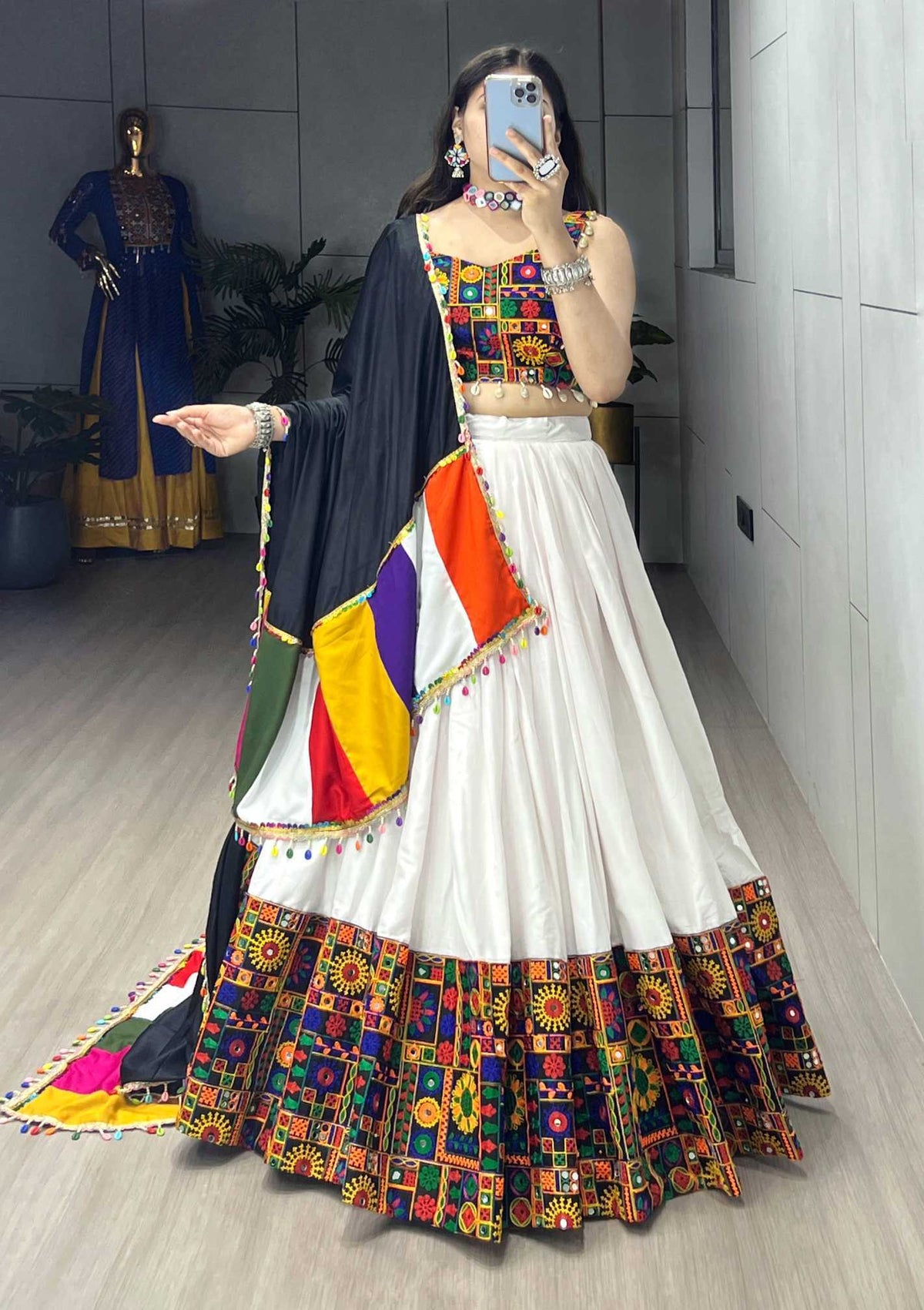 Cotton Mirror Work Lehenga in Dark Green