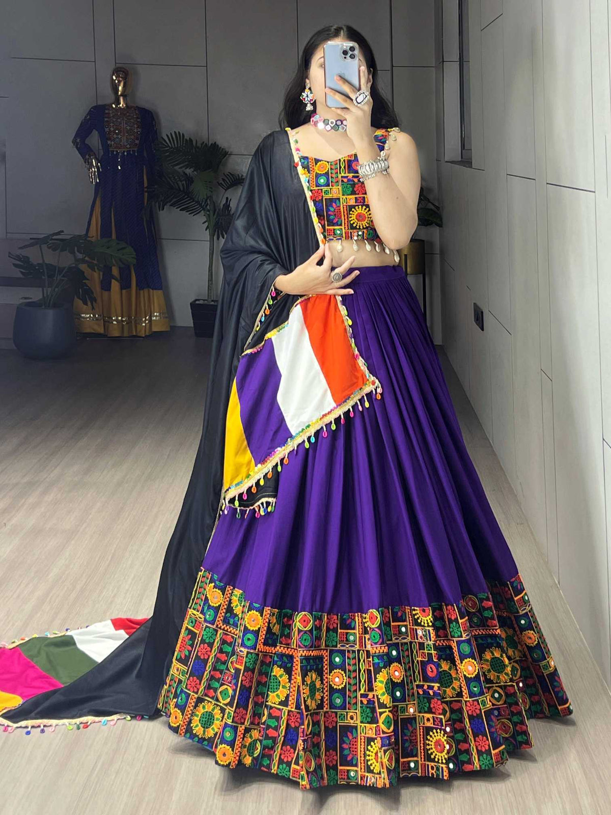 Cotton Mirror Work Lehenga in Dark Green