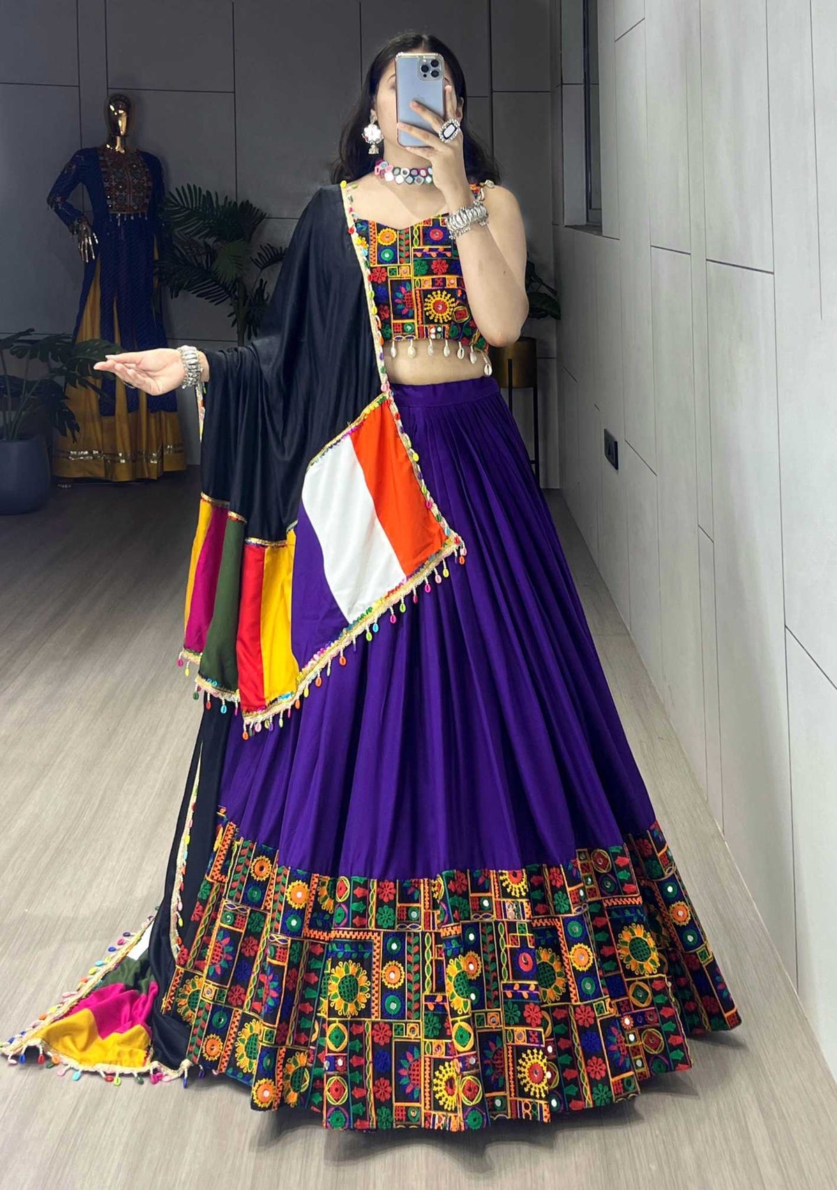 Cotton Mirror Work Lehenga in Dark Green