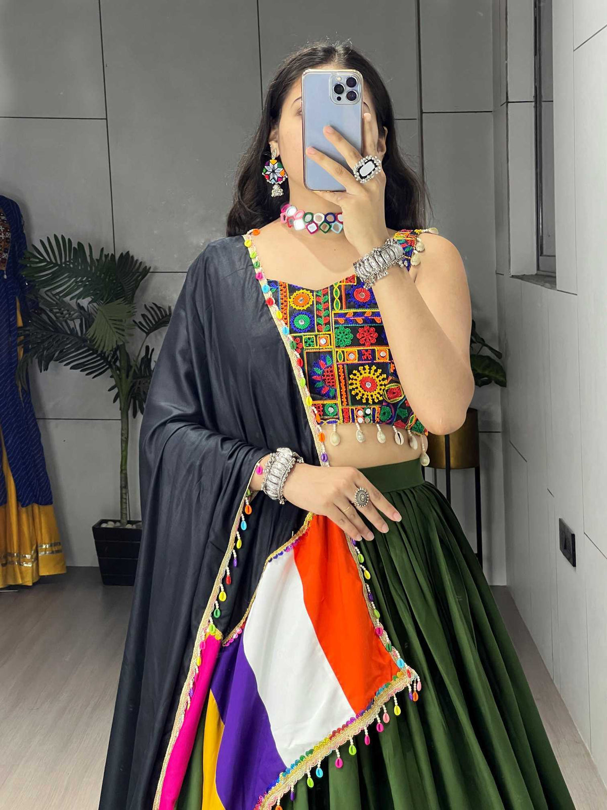 Cotton Mirror Work Lehenga in Dark Green