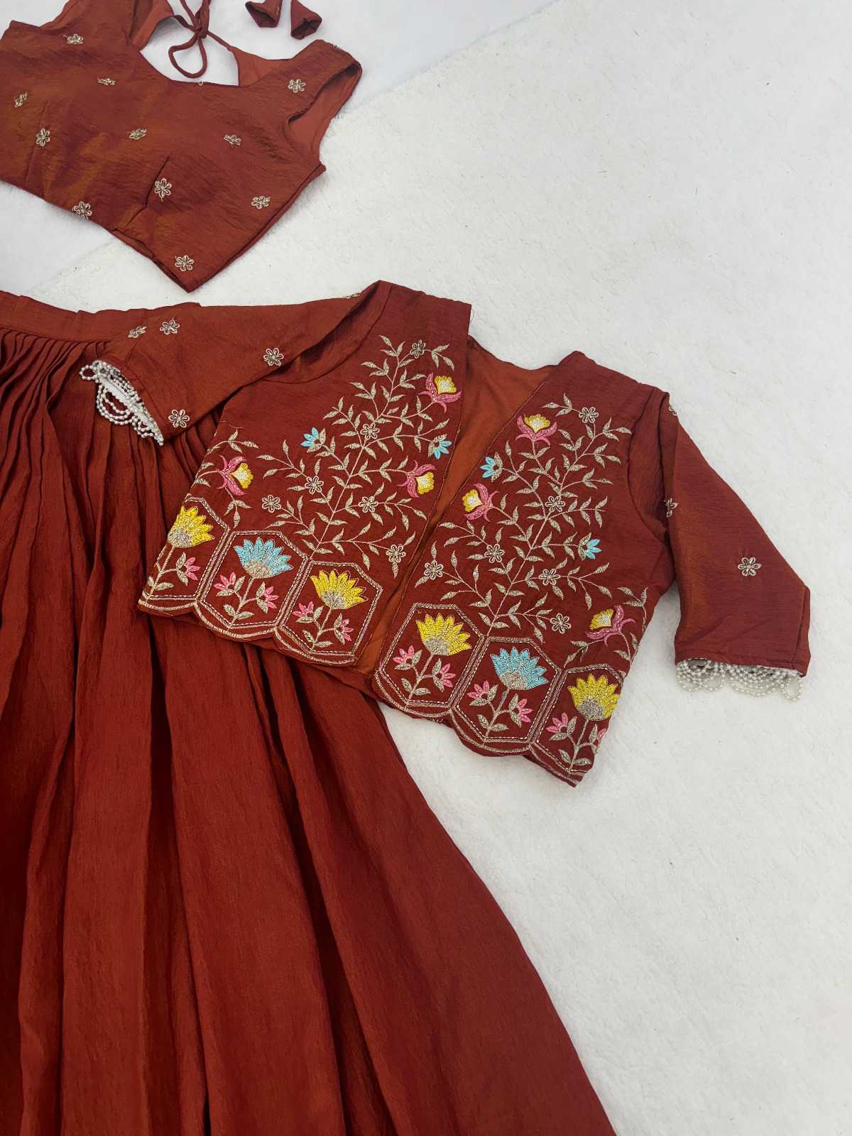 Soft Vichitra Embroidered Lehenga in Dark Wine