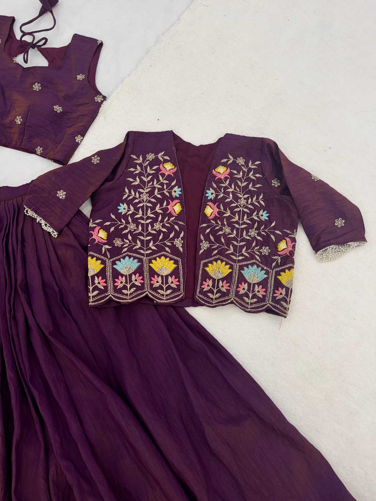 Soft Vichitra Embroidered Lehenga in Dark Wine
