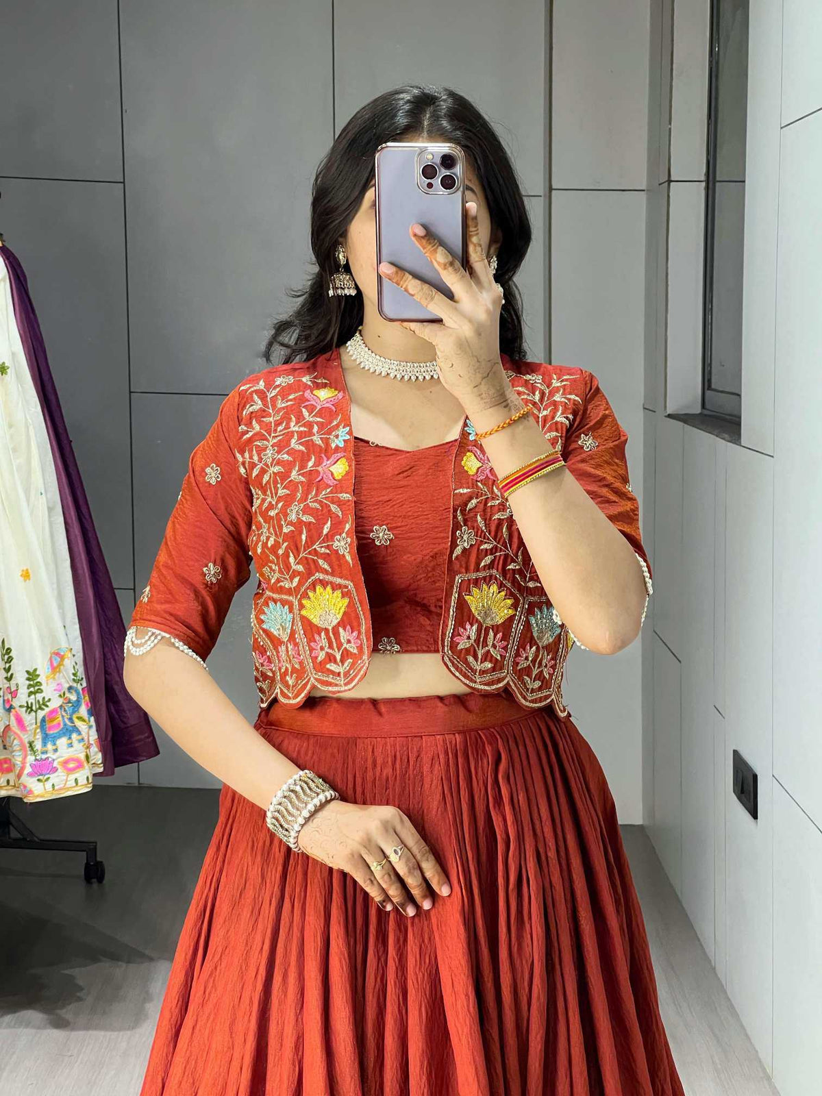 Soft Vichitra Embroidered Lehenga in Dark Wine