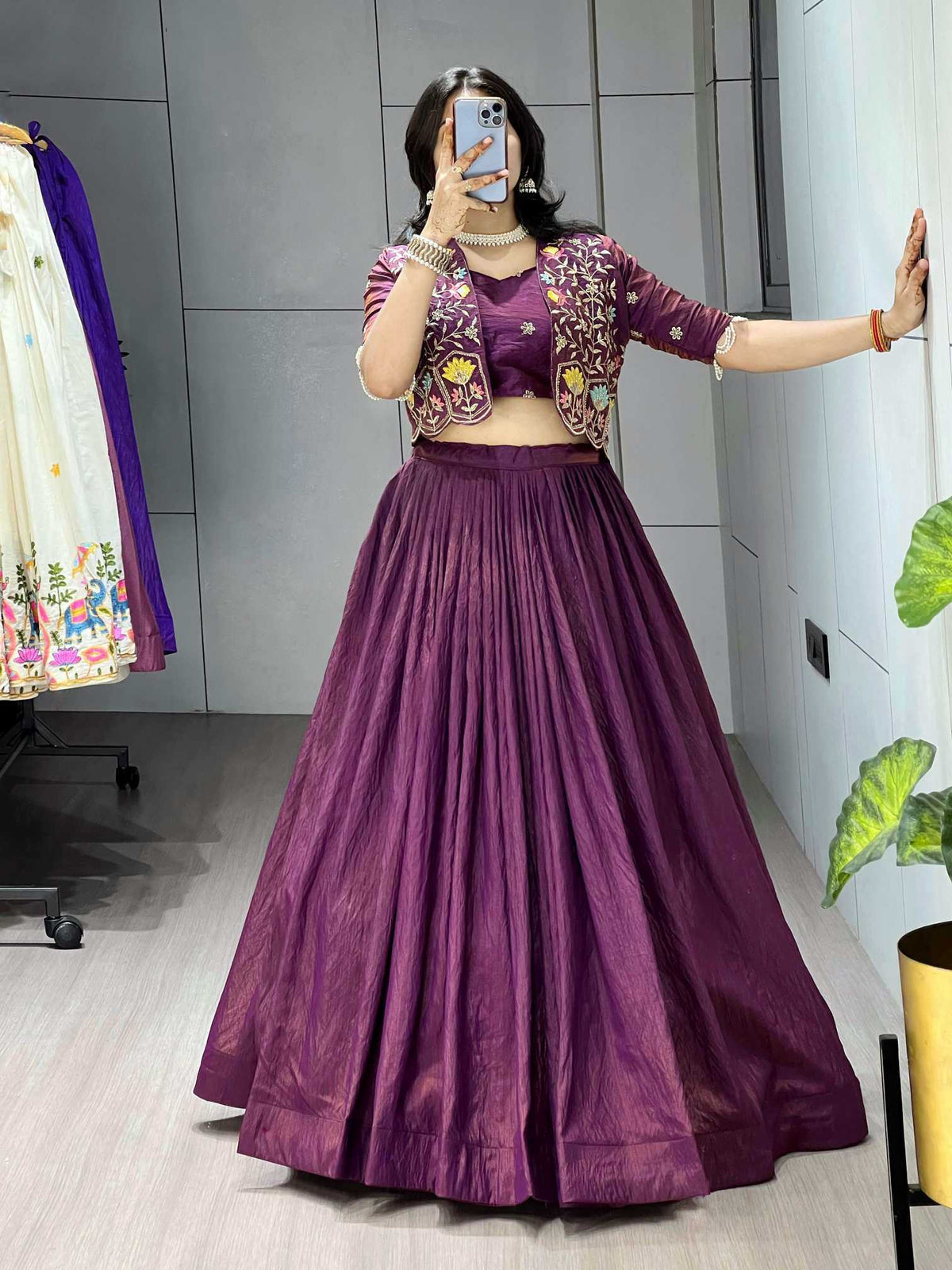 Soft Vichitra Embroidered Lehenga in Dark Wine