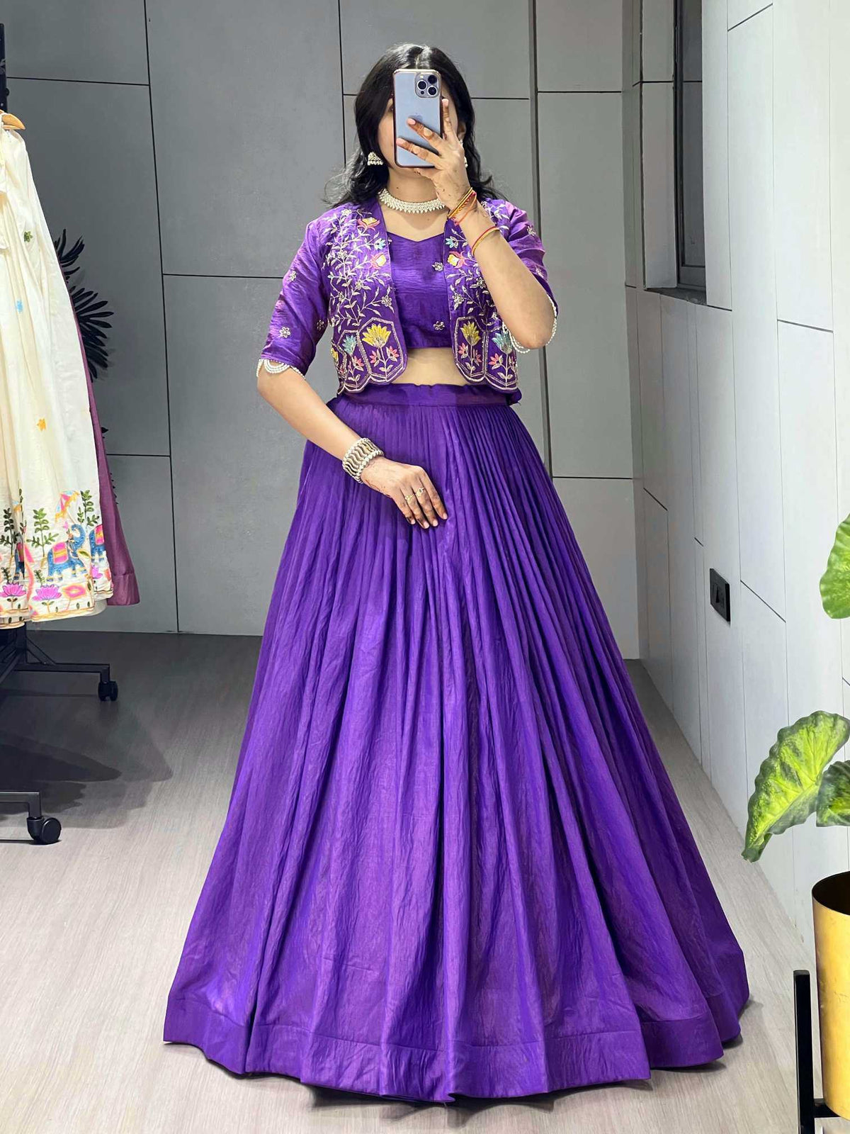 Soft Vichitra Embroidered Lehenga in Dark Wine