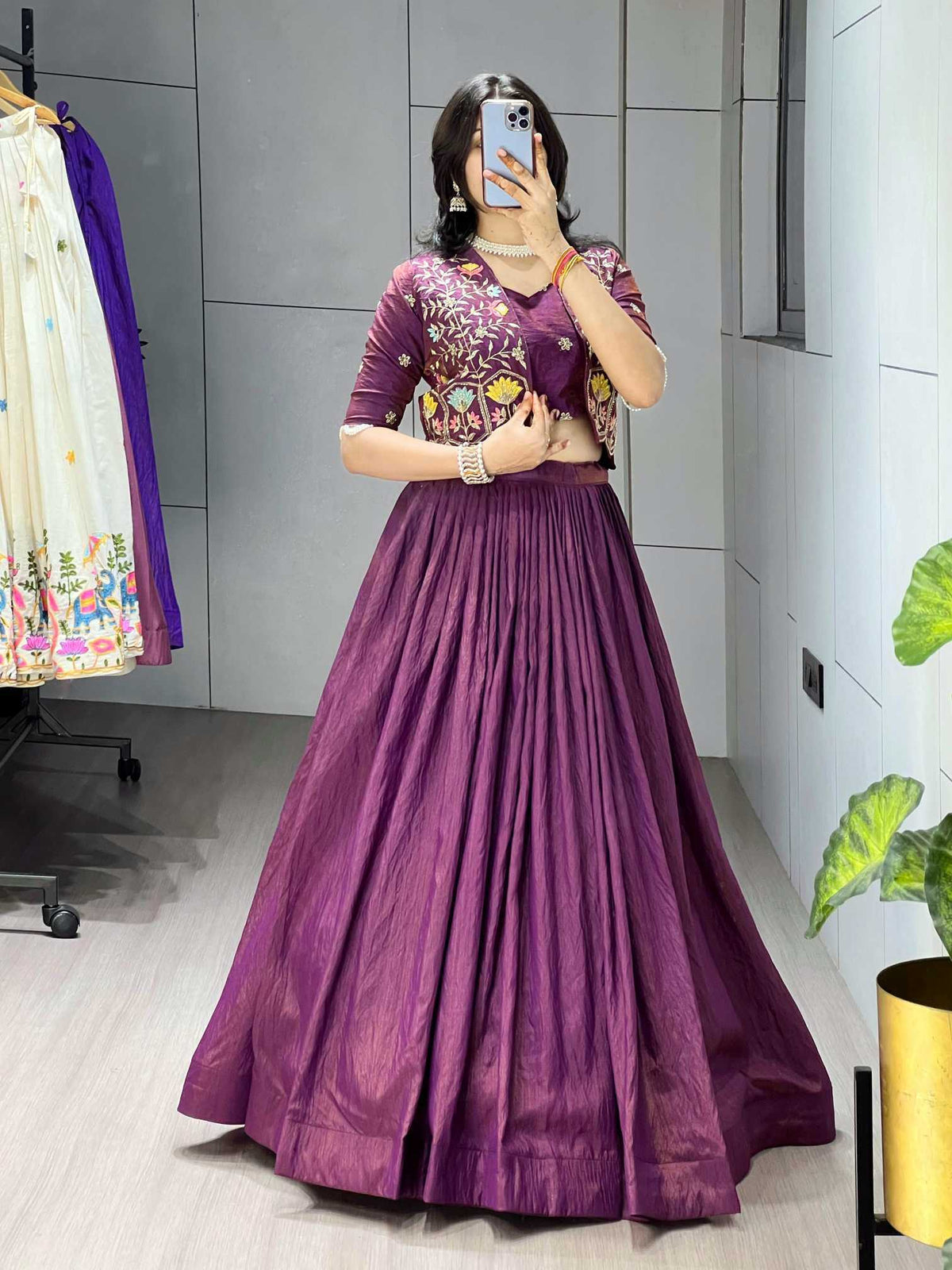 Soft Vichitra Embroidered Lehenga in Dark Wine
