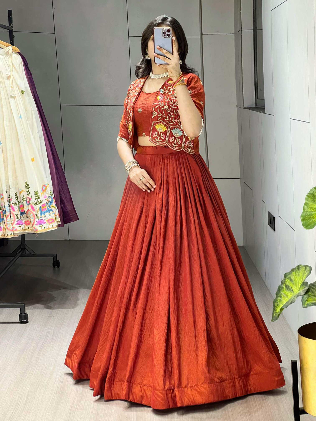 Soft Vichitra Embroidered Lehenga in Dark Wine