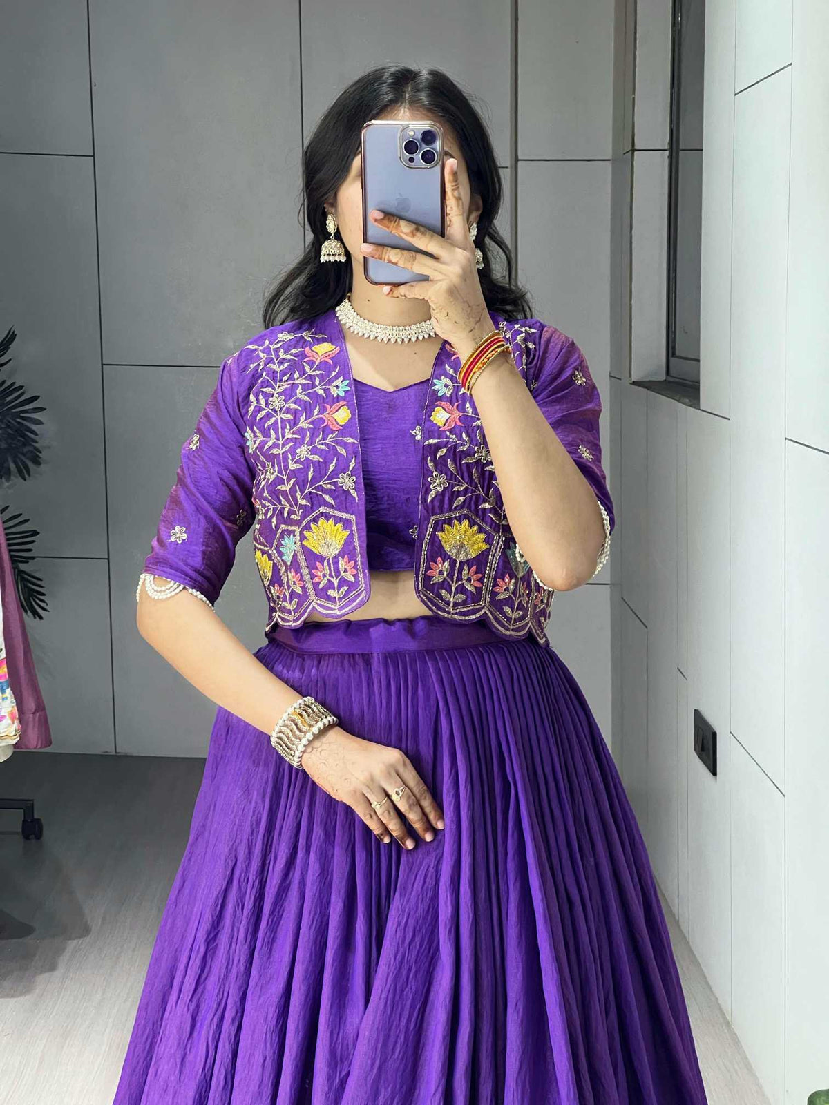Soft Vichitra Embroidered Lehenga in Dark Wine