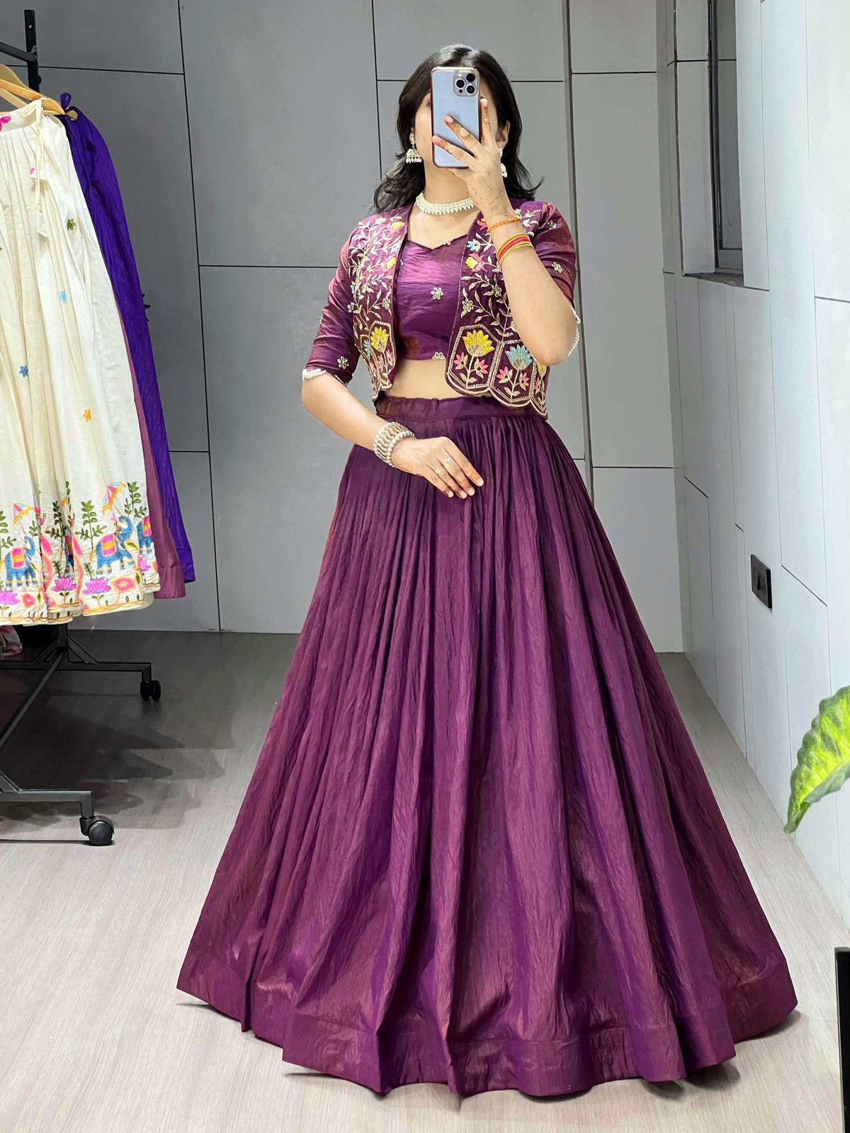 Soft Vichitra Embroidered Lehenga in Dark Wine