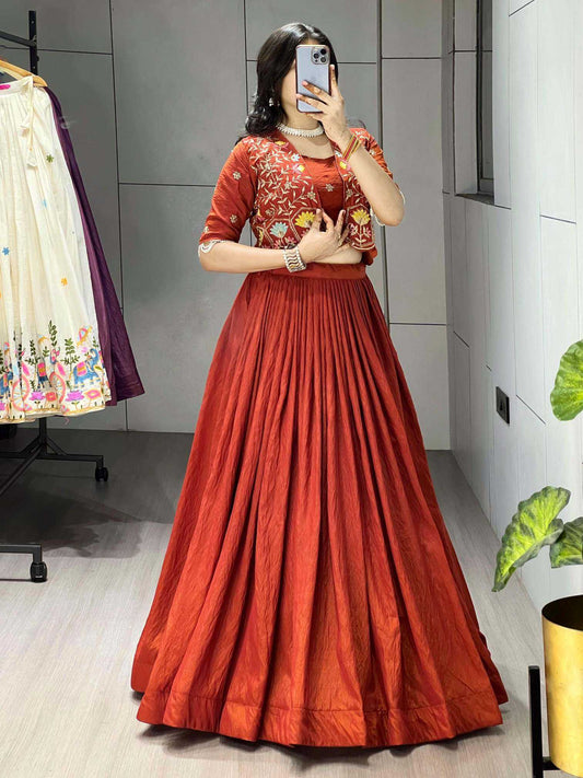 Soft Vichitra Traditional Lehenga in Orange