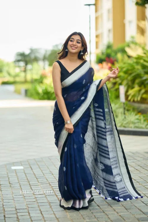 Linen Designer Saree in Navy Blue