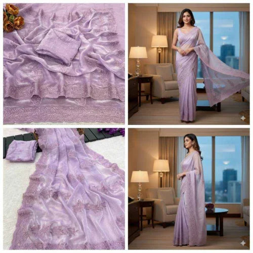 Satin Designer Saree in Sky