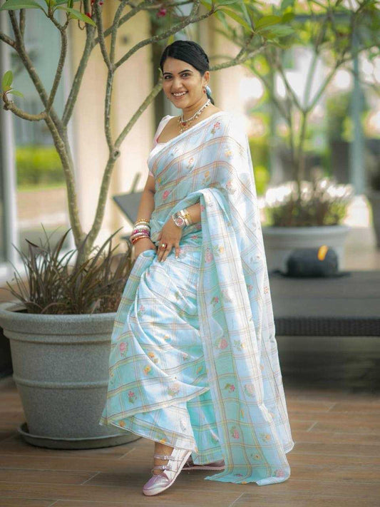 Linen Designer Saree in Sky Blue