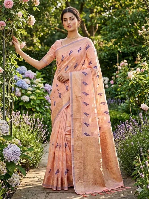 Linen Fancy Saree in Peach