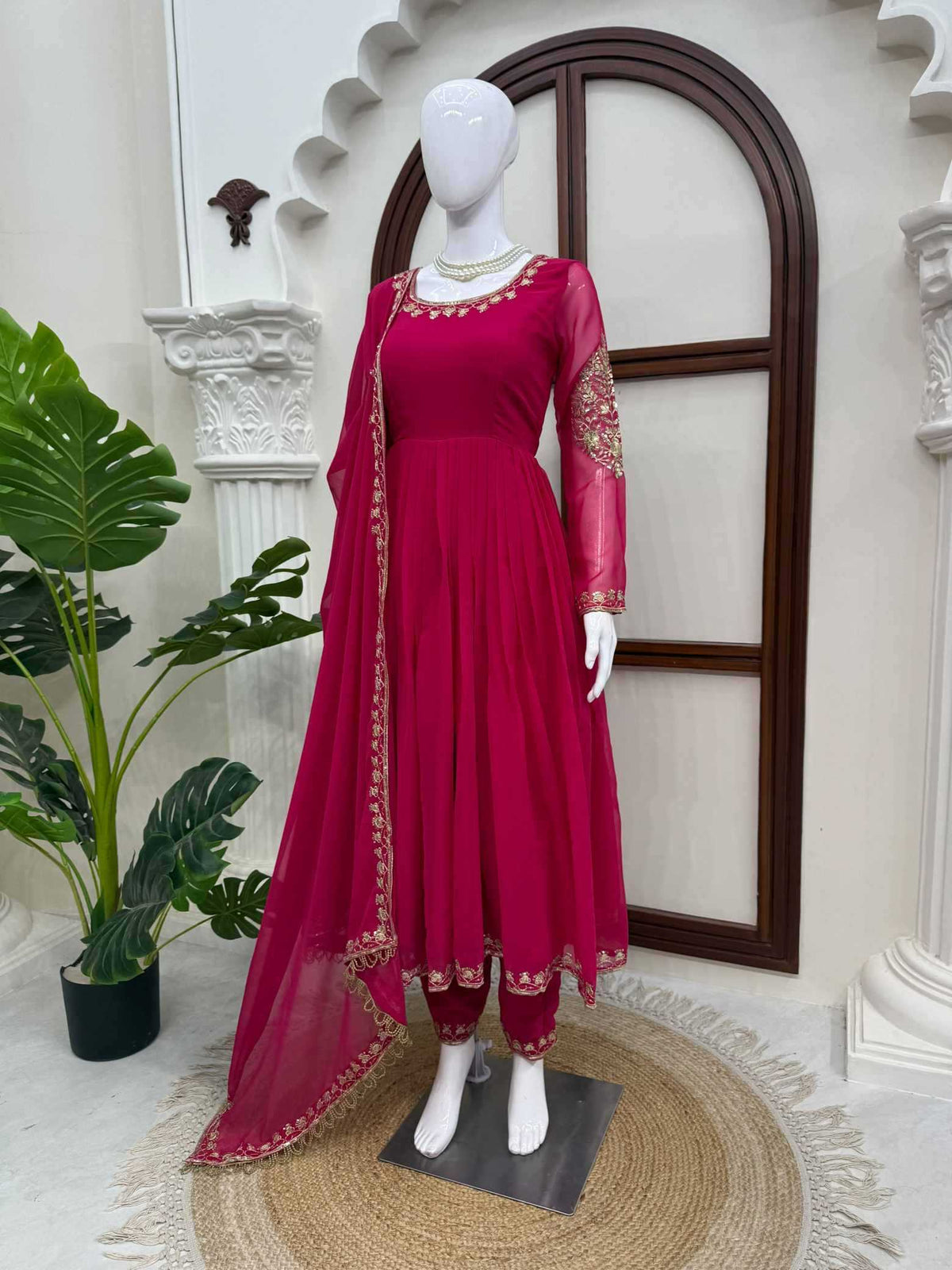 Faux Georgette Party Gown in Dark Green