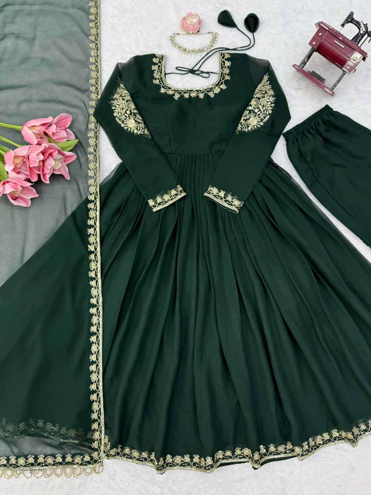 Faux Georgette Party Gown in Dark Green