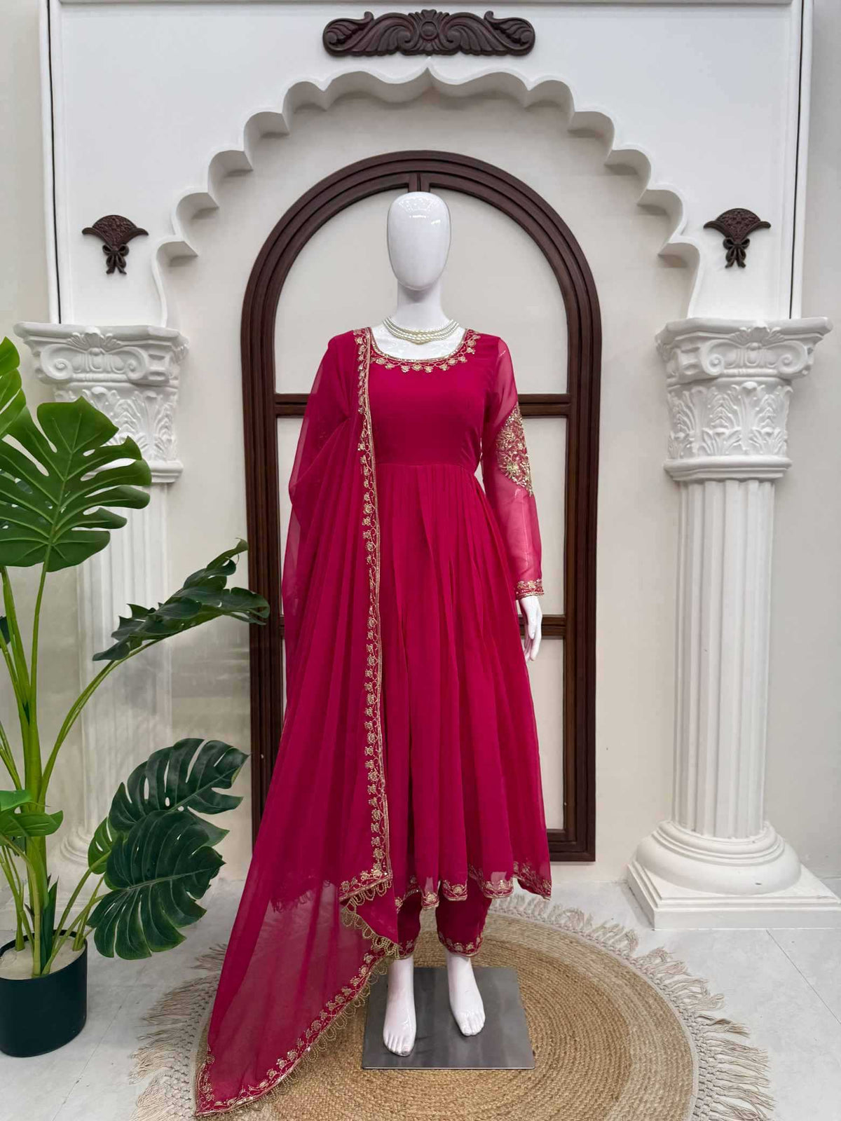 Faux Georgette Party Gown in Dark Green
