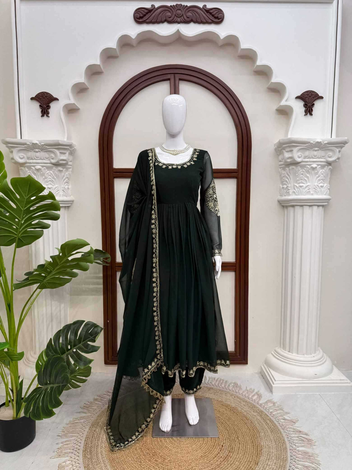 Faux Georgette Party Gown in Dark Green