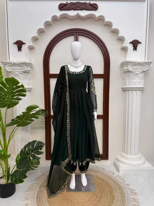 Faux Georgette Party Gown in Dark Green