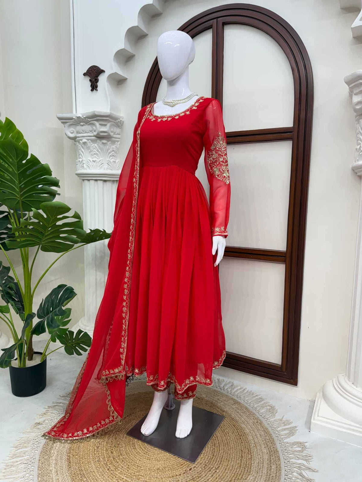 Faux Georgette Party Gown in Dark Green