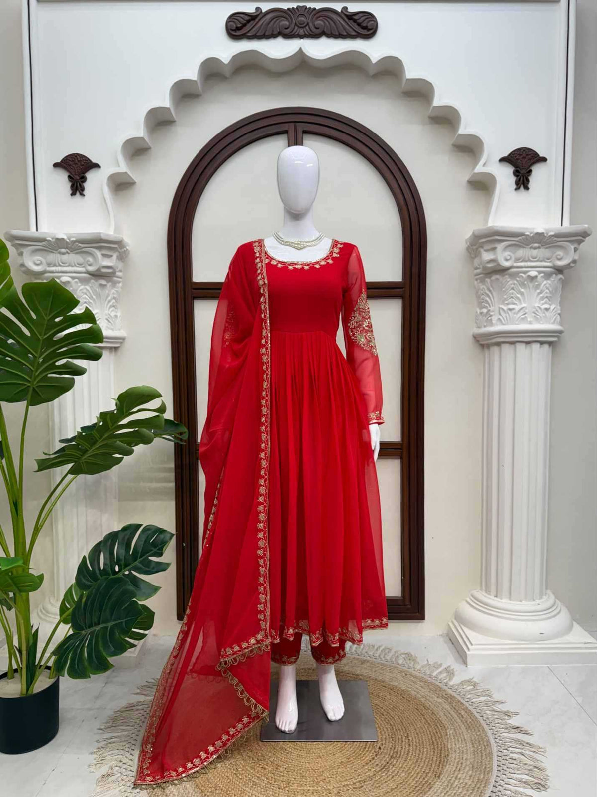Faux Georgette Party Gown in Dark Green