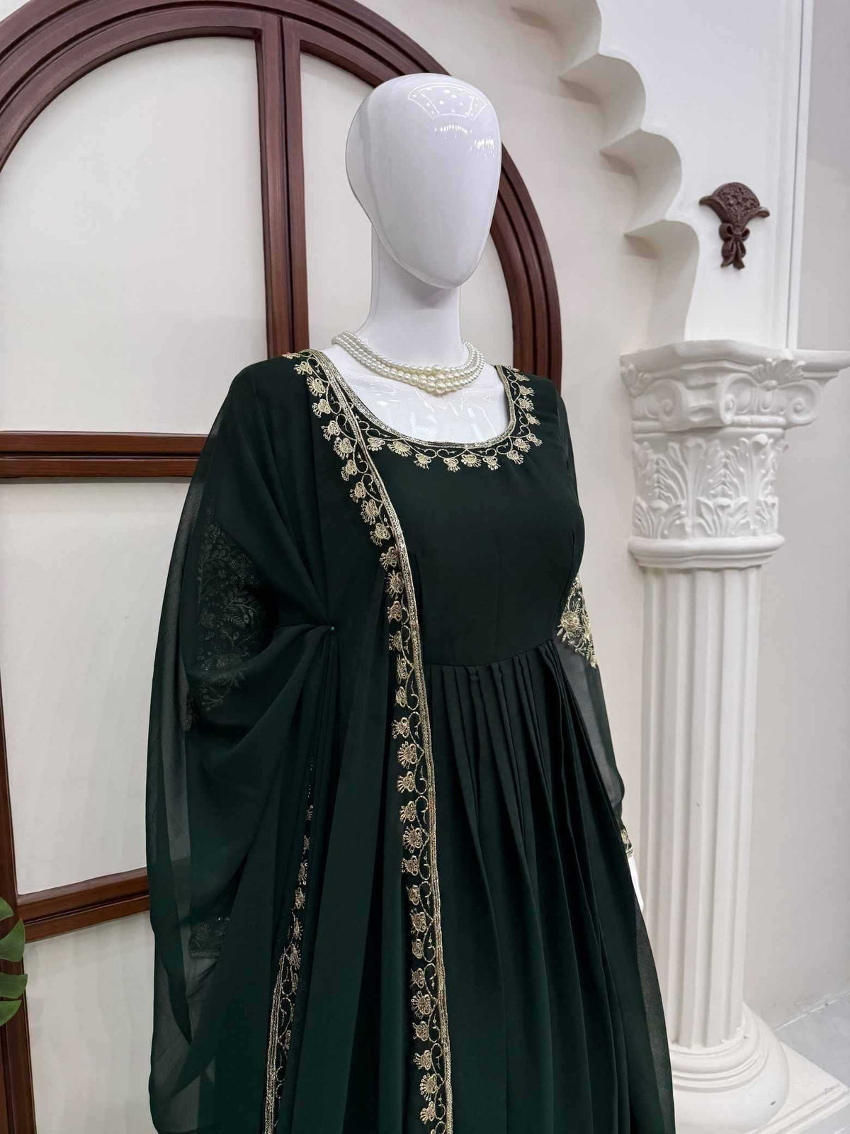 Faux Georgette Party Gown in Dark Green
