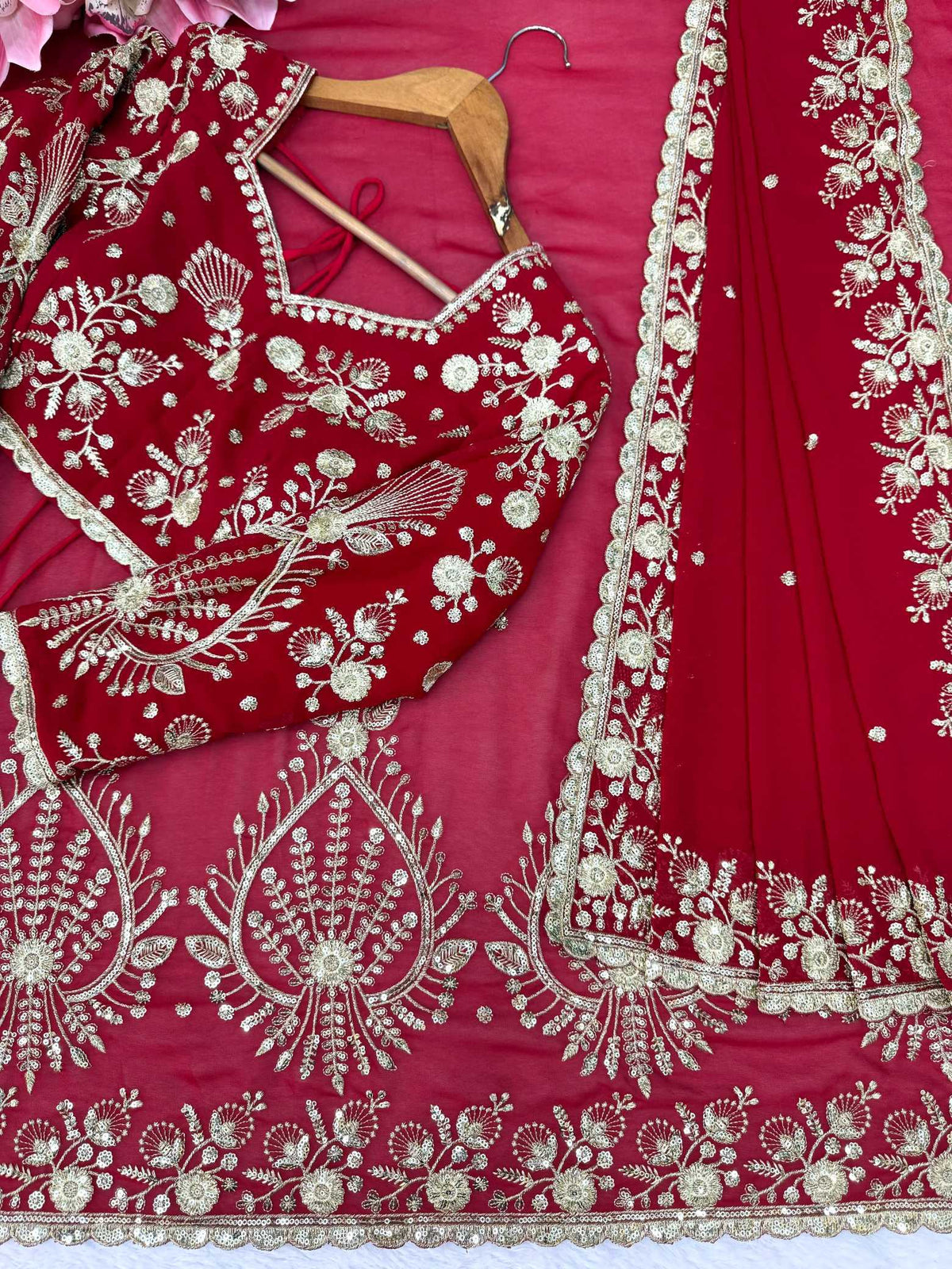 Faux Georgette Designer Saree in Red