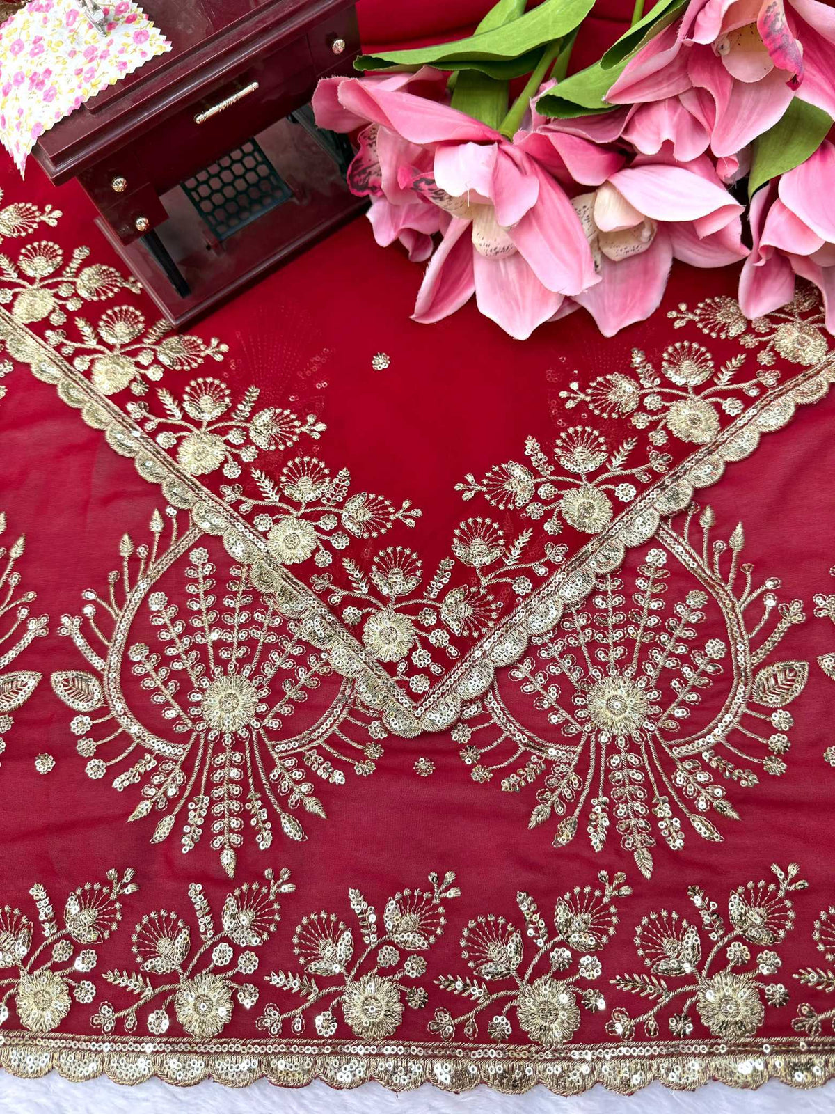 Faux Georgette Designer Saree in Red