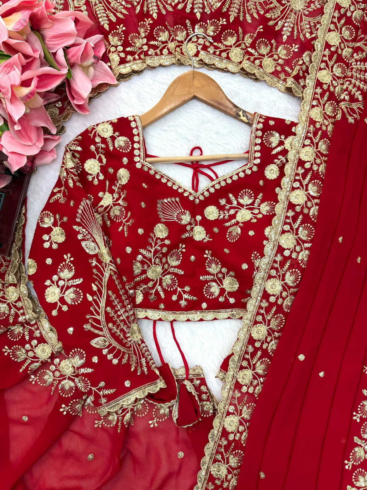 Faux Georgette Designer Saree in Red