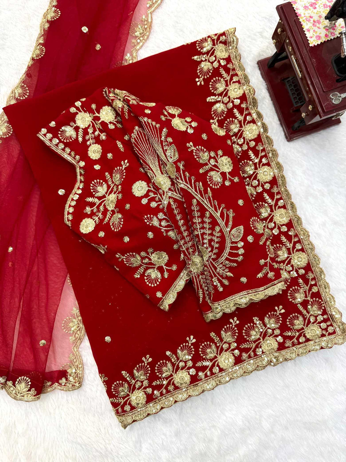 Faux Georgette Designer Saree in Red