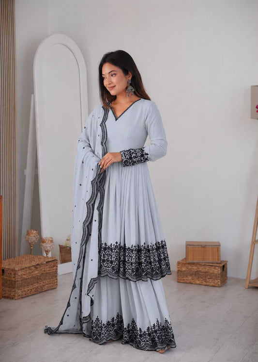 Faux Georgette Embroidery Suit in Light Pink