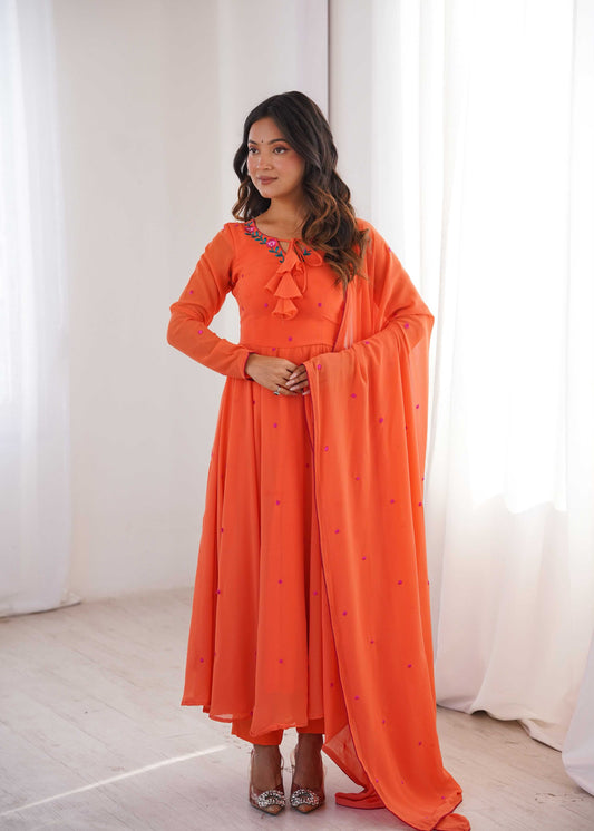 Faux Georgette Embroidery Suit in Yellow